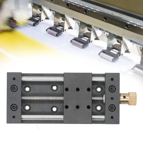 Dope Manual Sliding Table Linear Stage With Aluminum Alloy Rail And Base, Lightweight, Rustproof And Durable, High Precision Motion For CNC, Shop Or Lab Use, Easy Handwheel Drive, Solid Track For Accurate Positioning. Front view of manual sliding table linear stage with handwheel
