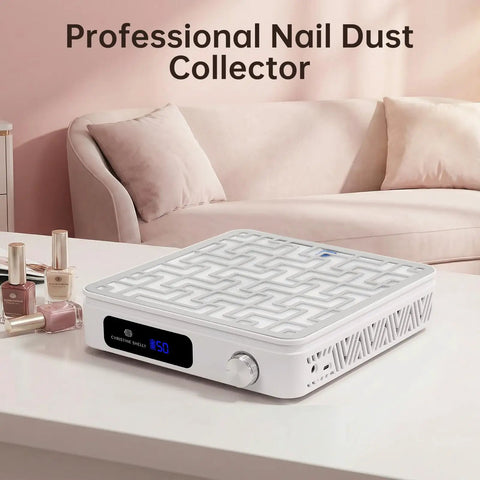 Heavy Duty Cordless Nail Dust Collector With Beast Mode 19500 Rpm Suction For Gel And Acrylic Files Portable Battery Powered Manicure Dust Cleaner Tool on a table with nail polish.