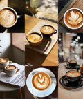 A collage of various cups of cappuccino with intricate latte art displayed on tables and in different settings.