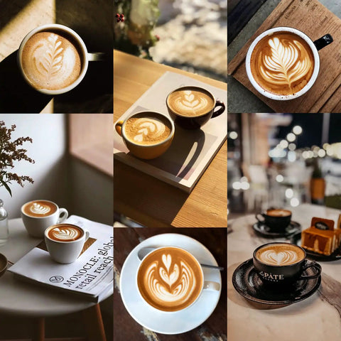 A collage of various cups of cappuccino with intricate latte art displayed on tables and in different settings.