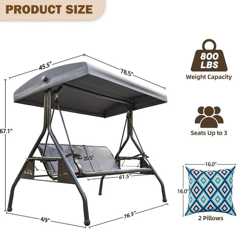 Product dimensions of Three Person Outdoor Patio Swing With Adjustable Canopy, Sturdy Stand, Heavy Duty 800 Lbs Capacity