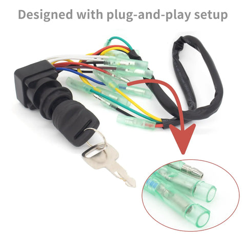 Ignition Key Switch Assembly for Yamaha Outboards 225 250 HP and International Motors Control Box 6 300 HP Replacement 703 82510 42 703 82510 43 Direct Fit Replacement showing wiring connectors and plug-and-play setup.