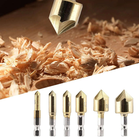 Aracombie 6-pack 3-flute 90° countersink drill bits, titanium HSS end mill set; gold-colored, metric sizes 6–19 mm