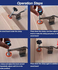 Operation steps showing how to use Stainless Steel Thickened Woodworking Vertical Toggle Clamp With Quick Release on wood board.