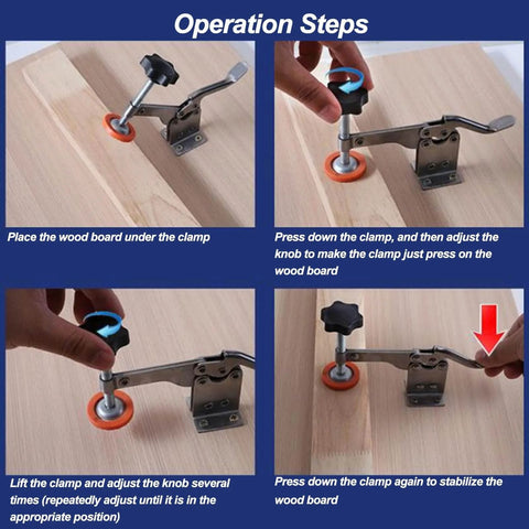 Operation steps showing how to use Stainless Steel Thickened Woodworking Vertical Toggle Clamp With Quick Release on wood board.