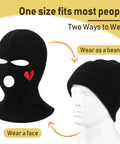 Three Hole Knit Ski Mask Balaclava for Winter Warmth with heart design shown as full face cover and beanie option.