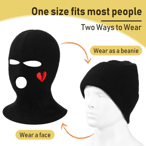 Three Hole Knit Ski Mask Balaclava for Winter Warmth with heart design shown as full face cover and beanie option.
