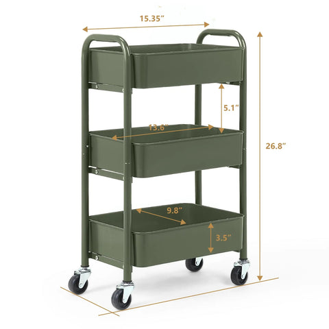 3 Tier Compact Rolling Metal Storage Cart With Wheels For Kitchen And Home Office, green color, 15.35 x 10.24 x 26.8 inches