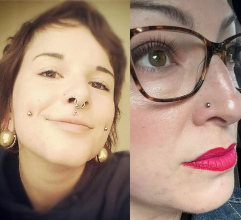 Stick On Fake Piercings Set With Silver Balls For Lip Nose Eyebrow Piercings, Fake Lip Stud And Nose Stud Options, 3mm 4mm 5mm 6mm Sizes, Includes 4 Sheets Of Lookalike Jewelry. Close-up of fake nose and lip studs on face.