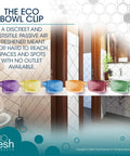 Eco Bowl Clip Air Freshener Honeysuckle Scent Versatile Design For Toilet Trash Cabinets And More Chemical Free Natural Oils Long Lasting Freshness Up To 30 Days Discreet No Mess Made In The USA 12 Pack displayed in bathroom setting.