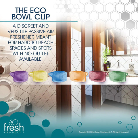 Eco Bowl Clip Air Freshener Honeysuckle Scent Versatile Design For Toilet Trash Cabinets And More Chemical Free Natural Oils Long Lasting Freshness Up To 30 Days Discreet No Mess Made In The USA 12 Pack displayed in bathroom setting.