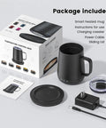 14 Oz Self Heating Coffee Mug With Quick Rechargeable Battery and charging accessories in packaging on a flat surface.