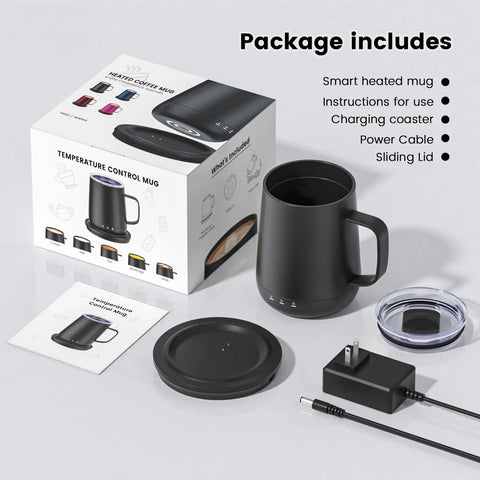 14 Oz Self Heating Coffee Mug With Quick Rechargeable Battery and charging accessories in packaging on a flat surface.