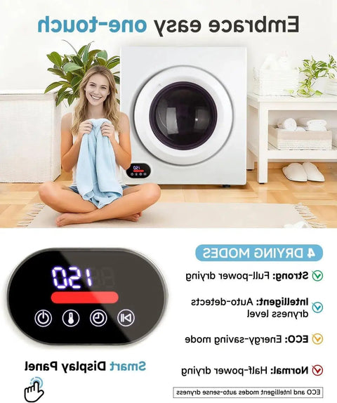 Compact 2 In 1 Washer And Dryer Combo With Instant Quick Wash and Bulky Bedding Capacity shown with user holding towel.