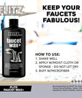 Faucet Wax Plus 7.6oz USA Made Water Based Cleaner And Polish bottle on countertop with usage instructions visible