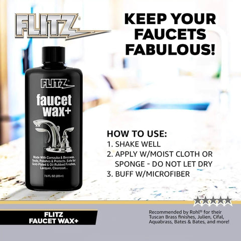 Faucet Wax Plus 7.6oz USA Made Water Based Cleaner And Polish bottle on countertop with usage instructions visible