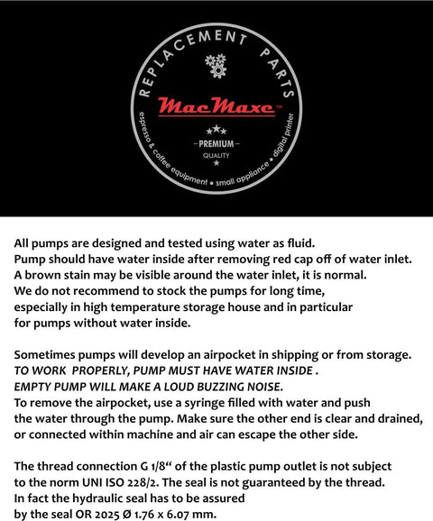 Label on ULKA E Type EFP5 Replacement Espresso Pump for Breville Machines detailing usage instructions and brand logo.