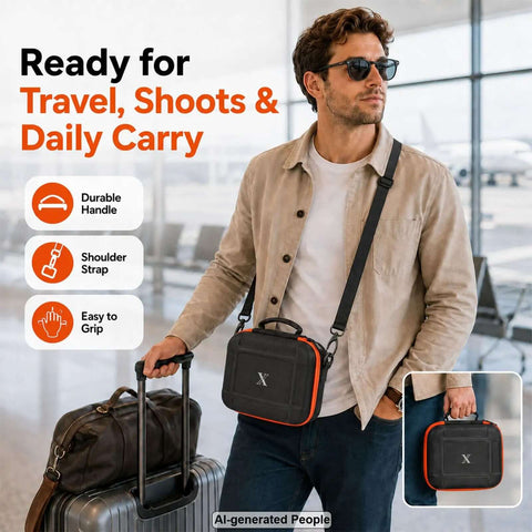 Rugged Hard Shell Case With Custom Cut Foam For Compact Mirrorless Cameras And Photo Gear Boss Level Protection, worn with shoulder strap.