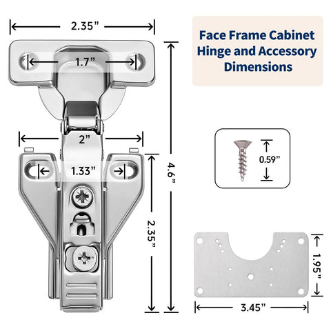 50 Pack Soft Close Hidden Cabinet Hinges For One Half Inch Overlay face frame concealed hinge, screw, repair plate dimensions.