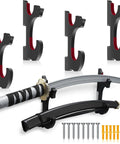 Sword Wall Mount Hanger Set For Adjustable Display Rack For Samurai Swords, 4 black hooks with red velvet pads and installation screws