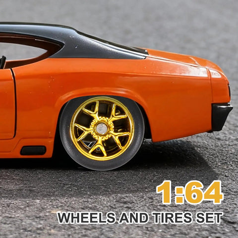1:64 scale RC car with gold rim from 8 Piece 1 By 64 Scale Wheel And Tire Set With Real Riders Rims And Axles For RC Diecast Cars DIY Models And Hobby Projects Includes Gold Rims And Easy Install For Upgrading Your Ride And Custom Look