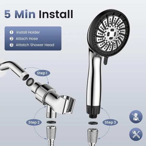 Installation steps for High Pressure Handheld Shower Head With Eight Modes Built In Filtered Water Softener Anti Clog Nozzles 60 Inch