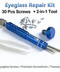 All In One Eyeglass Repair Kit With S2 Steel Screwdriver And Fifteen Screw Sizes in blue with tweezers and multiple screws.