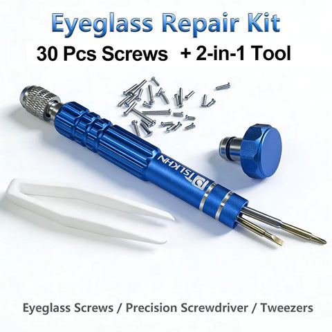 All In One Eyeglass Repair Kit With S2 Steel Screwdriver And Fifteen Screw Sizes in blue with tweezers and multiple screws.
