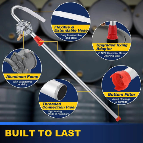Top Shelf Aluminum Rotary Hand Crank Drum Pump Built Legit For Heavy Duty Oil And Chemical Fluid Transfers With No Fuss Operation And Rock Solid Workshop Durability, aluminum construction with hose and filter details.