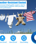 Clothes and teddy bear hanging on a stainless steel wire rope cable for outdoor string lights 3/16 inch vinyl coated weatherproof.