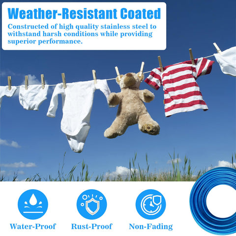 Clothes and teddy bear hanging on a stainless steel wire rope cable for outdoor string lights 3/16 inch vinyl coated weatherproof.