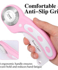 Versatile 45mm Rotary Cutter For Fabric With Five Extra Blades, Ergonomic Roller Cutter Design, safety lock, pink handle, right hand view