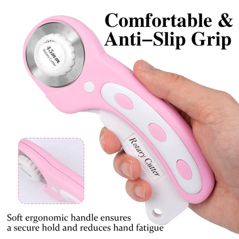 Versatile 45mm Rotary Cutter For Fabric With Five Extra Blades, Ergonomic Roller Cutter Design, safety lock, pink handle, right hand view