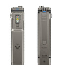 Ultra Lightweight Titanium EDC Flashlight With USB C Rechargeable Power, front and back view, showing controls
