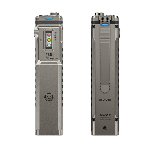 Ultra Lightweight Titanium EDC Flashlight With USB C Rechargeable Power, front and back view, showing controls