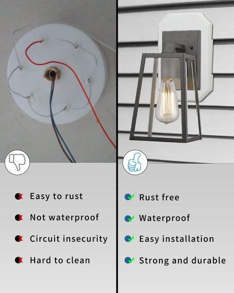 Comparison of rust-prone and rust-free lighting fixtures, featuring Vinyl Siding Mounting Block With Built In Electrical Box.