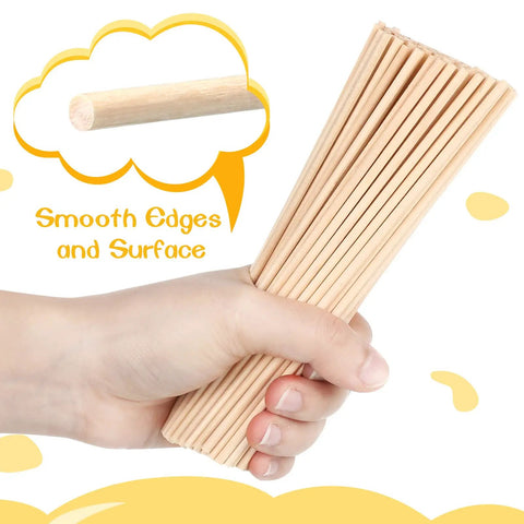 One Hundred Pack Premium Natural Wood Dowel Rods One Eighth By Six Inches Ultra Smooth Round Craft Sticks shown in hand with smooth edges.