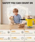 Heavy Duty Handheld Steam Cleaner With Smart Led Display And No Sweat Continuous Trigger Lock For Whole House Deep Cleaning Includes 16 Piece Accessory Kit For Kitchens Floors And Upholstery Quick Heat Ergo Handle next to child and puppy on table.