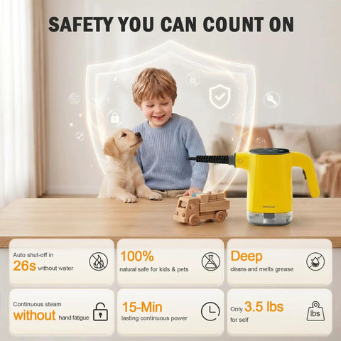 Heavy Duty Handheld Steam Cleaner With Smart Led Display And No Sweat Continuous Trigger Lock For Whole House Deep Cleaning Includes 16 Piece Accessory Kit For Kitchens Floors And Upholstery Quick Heat Ergo Handle next to child and puppy on table.