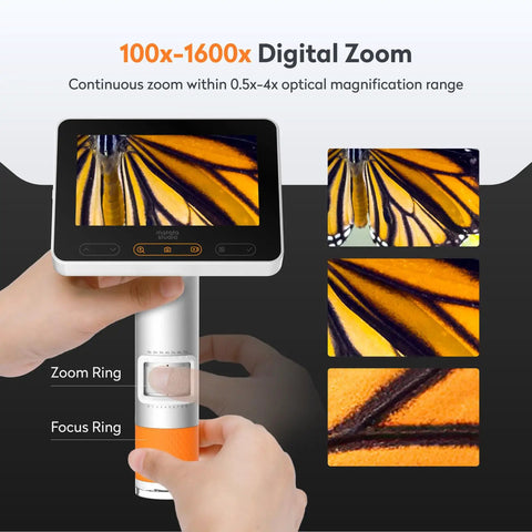 Kid-Friendly Handheld Microscope 100-1600X Portable Digital Magnifier, handheld LCD scope showing butterfly wing zoom