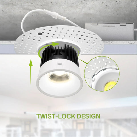 Trimless 4 Inch LED Recessed Downlight Canless 15W 120V Dimmable No Fuss Ceiling Light With J Box 5 CCT 2700K 5000K CRI 90 Plus IC Rated ETL Energy Star White Durable showing twist-lock installation design