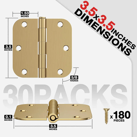 Heavy Hitting 30 Pack 3.5 Inch Premium Champagne Bronze Door Hinges Built Dang Tough From Solid Metal With Clean 5/8 Radius Edges For Smooth 270 Pivot On Every Interior Or Exterior Door Install Designed To Handle Real World Grind Daily with detailed dimensions.