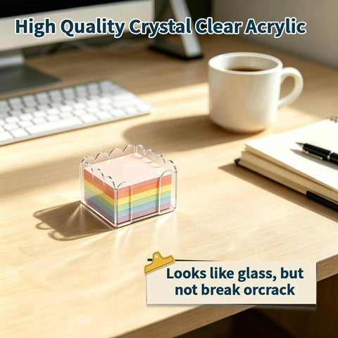 Two Pack Acrylic Sticky Note Holder Set With Scalloped And Straight Edge Design 3x3 Inch Clear Notepad Dispenser on desk