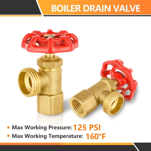 2-Pack Brass Boiler Drain Valves, Three-Quarter Inch FIP Inlet and Three-Quarter Inch MHT Outlet, shown with max pressure and temperature