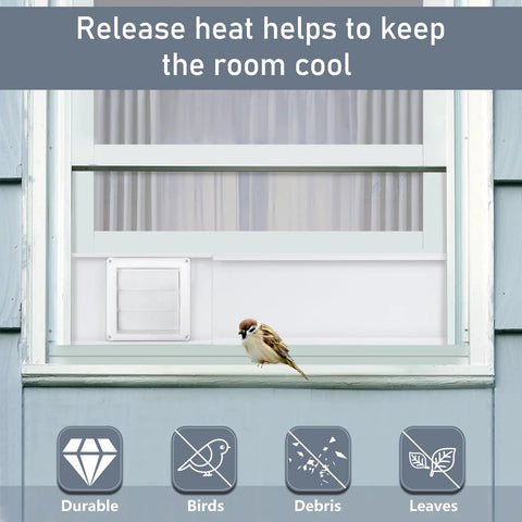 Universal 4 Inch Window Dryer Vent Kit with adjustable panels and air vent cover installed in a window with a bird on the ledge