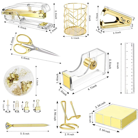 Gold Desk Accessories Set With Acrylic Stapler, Staple Remover, Tape Holder, Pen Holder, Ballpoint Pen, Scissors, Binder Clips