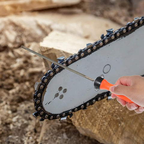 Badass Round File Handles Two Pack With Quick Adjust Nut And Comfy Grips designed for chainsaw touch ups, shown sharpening a chainsaw.