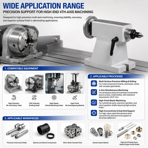 Tailstock MT3 Pro Grade 50mm Travel for CNC machining setup with multiple compatible equipment and workpieces displayed