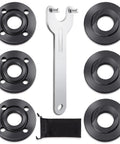 Front view of 7-piece angle grinder flange nut set with six black flanges, a silver wrench, and storage bag.
