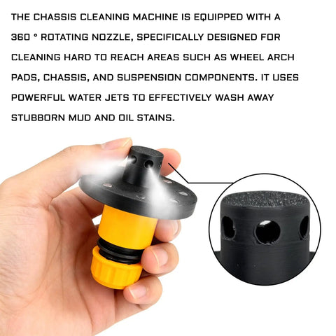 Top Tier Magnetic Chassis Cleaner Flusher Kit With 360 Rotating Nozzle And Quick Coupling High Pressure Undercarriage Wash Tool For Truck SUV Car Wheel Arches To Scrub Grime Dust Salt And Gunk Away, black and yellow nozzle close-up